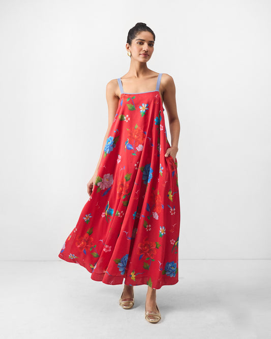 Sakura Strappy Dress - Red Print