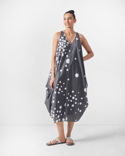 Cowl Dress with Slip - Charcoal & White Print