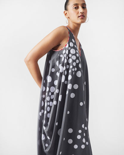 Cowl Dress with Slip - Charcoal & White Print