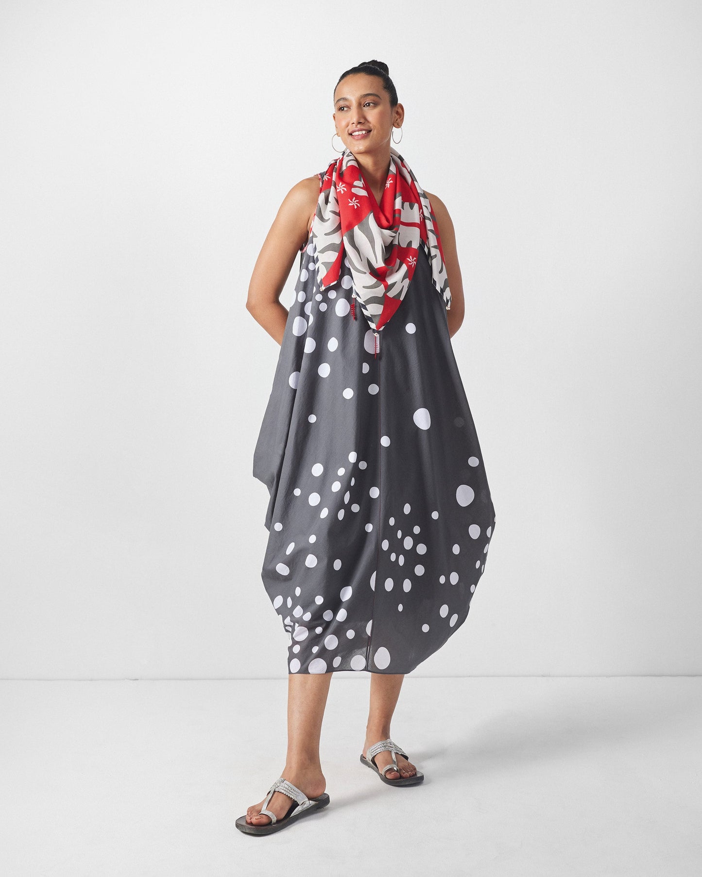 Cowl Dress with Slip - Charcoal & White Print
