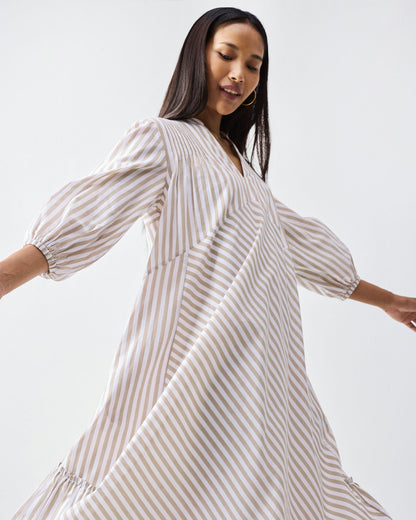 Summer Tea Dress - Khaki & White Stripes